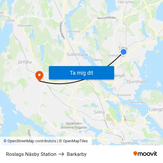Roslags Näsby Station to Barkarby map