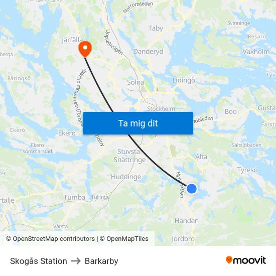 Skogås Station to Barkarby map