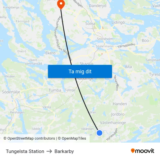 Tungelsta Station to Barkarby map