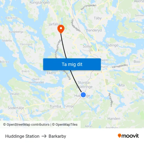 Huddinge Station to Barkarby map