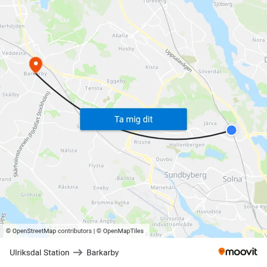 Ulriksdal Station to Barkarby map