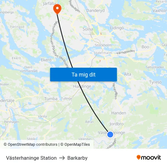 Västerhaninge Station to Barkarby map