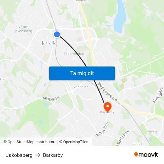 Jakobsberg to Barkarby map