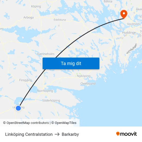 Linköping Centralstation to Barkarby map