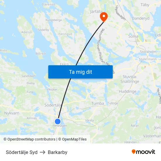 Södertälje Syd to Barkarby map