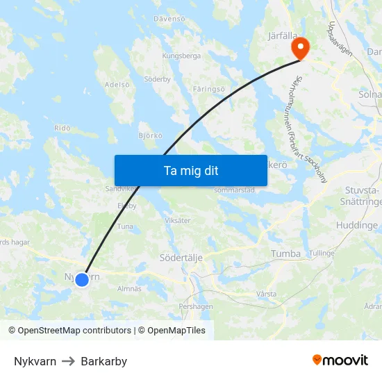Nykvarn to Barkarby map