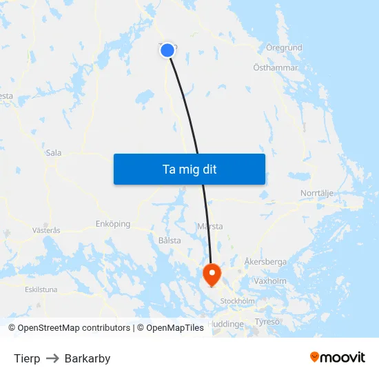 Tierp to Barkarby map