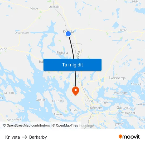 Knivsta to Barkarby map