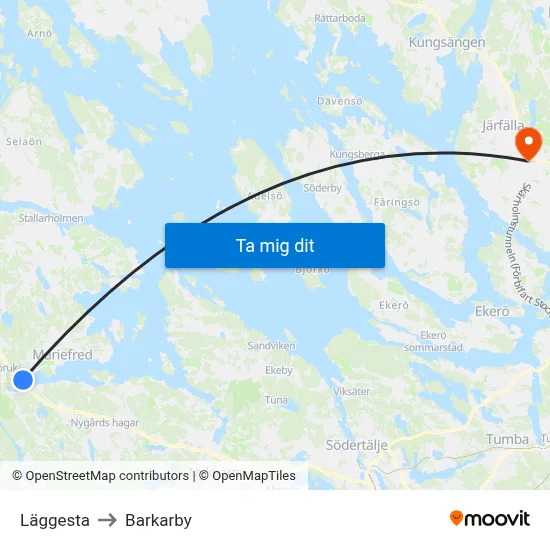 Läggesta to Barkarby map