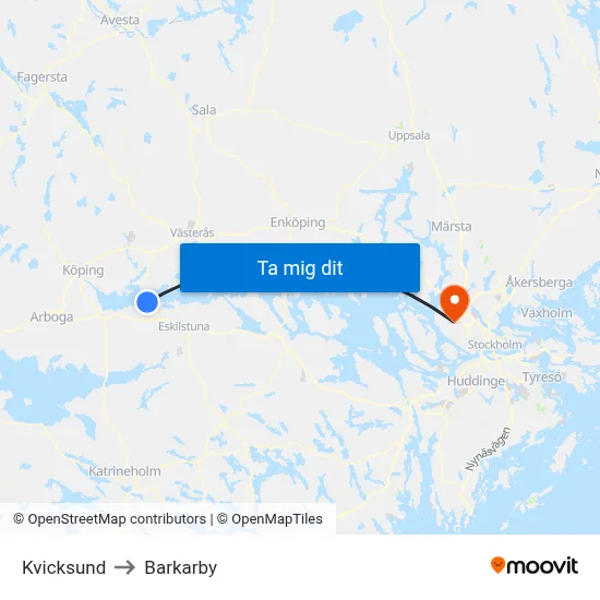 Kvicksund to Barkarby map