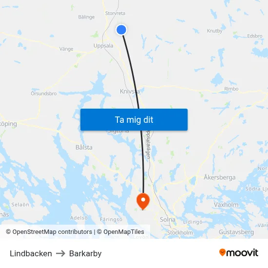 Lindbacken to Barkarby map