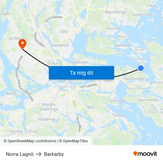 Norra Lagnö to Barkarby map