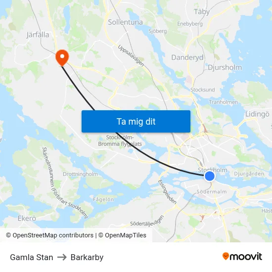 Gamla Stan to Barkarby map