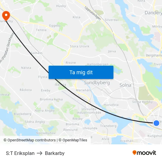 S:T Eriksplan to Barkarby map