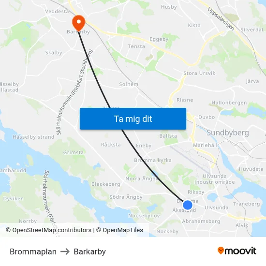 Brommaplan to Barkarby map