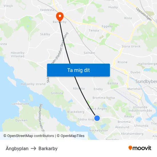 Ängbyplan to Barkarby map
