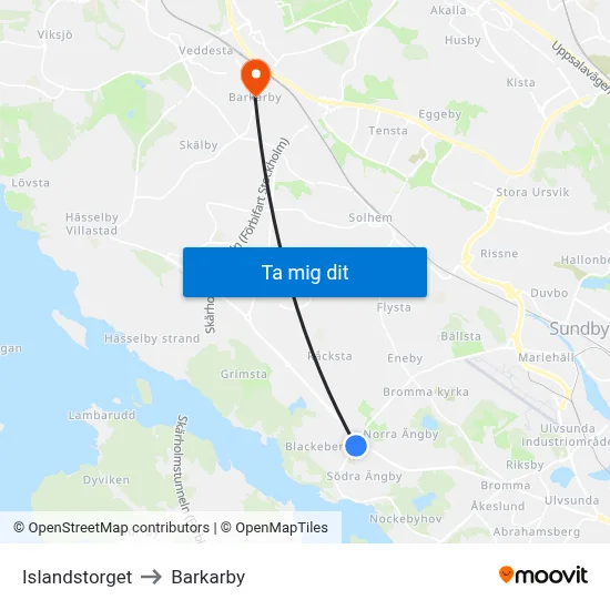 Islandstorget to Barkarby map