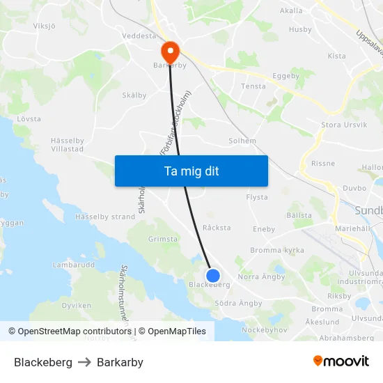 Blackeberg to Barkarby map