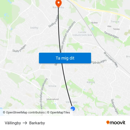 Vällingby to Barkarby map