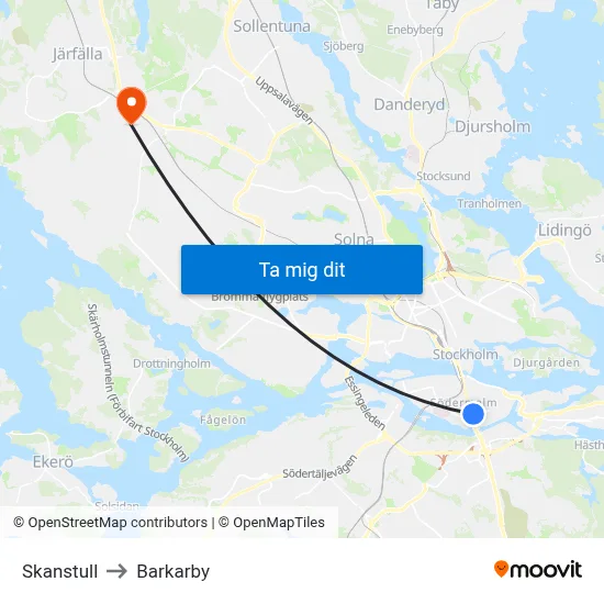Skanstull to Barkarby map