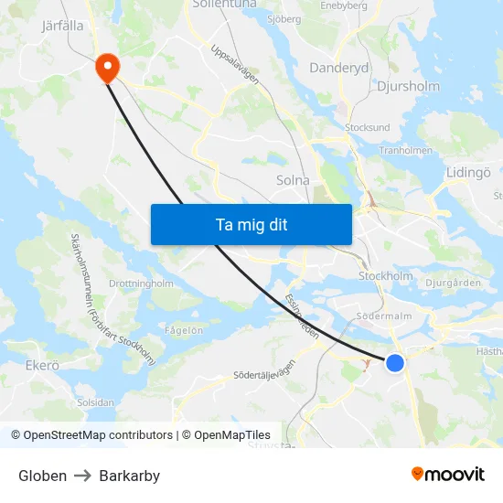 Globen to Barkarby map