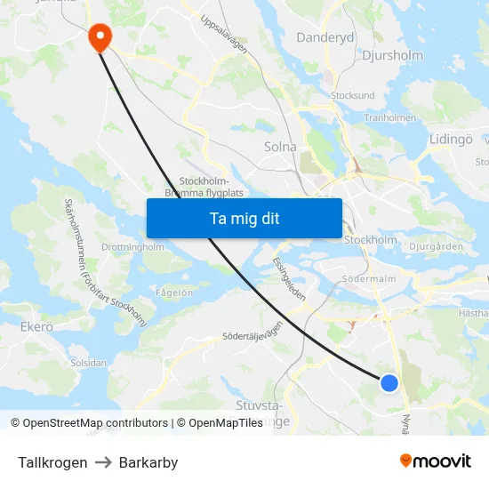 Tallkrogen to Barkarby map