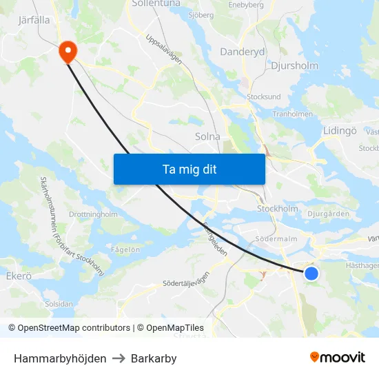 Hammarbyhöjden to Barkarby map