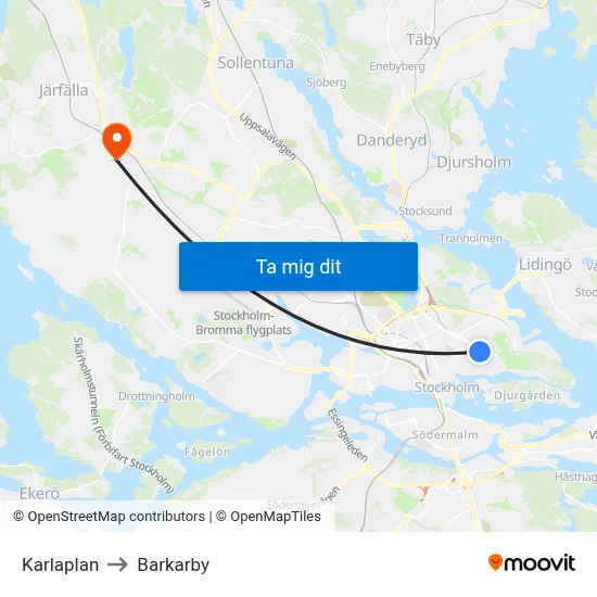 Karlaplan to Barkarby map