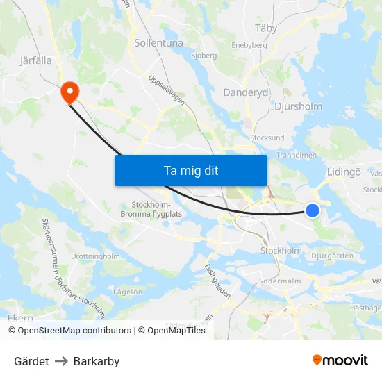 Gärdet to Barkarby map