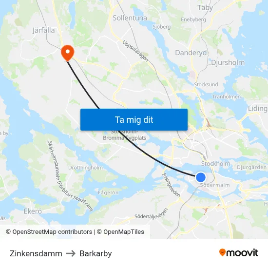 Zinkensdamm to Barkarby map