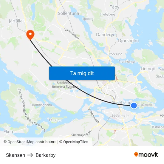Skansen to Barkarby map