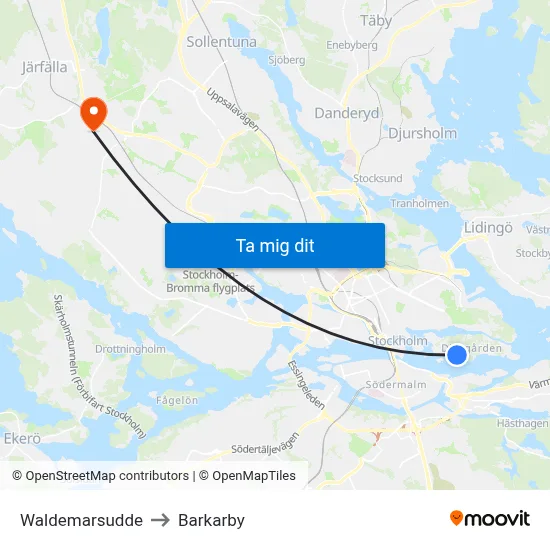 Waldemarsudde to Barkarby map