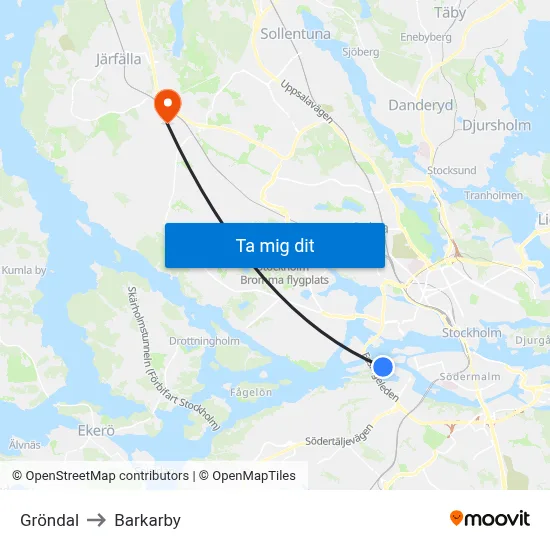 Gröndal to Barkarby map