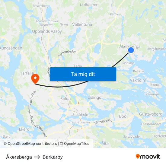 Åkersberga to Barkarby map