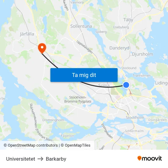 Universitetet to Barkarby map