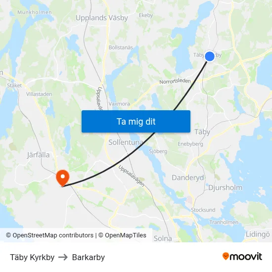 Täby Kyrkby to Barkarby map