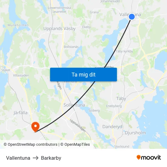 Vallentuna to Barkarby map