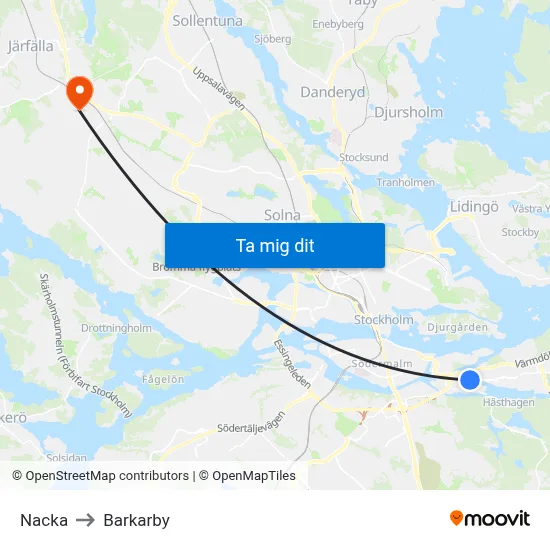 Nacka to Barkarby map