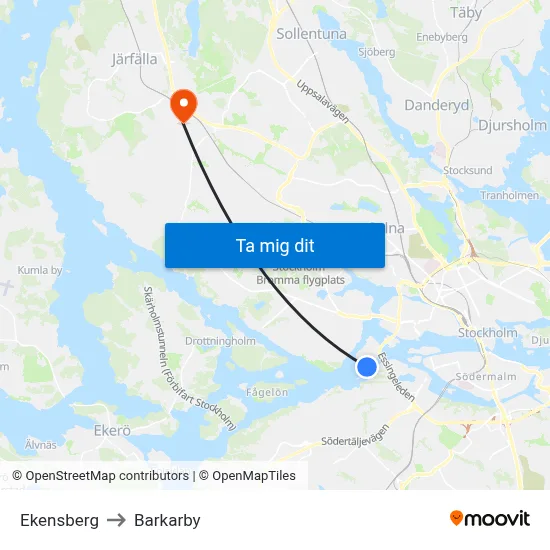 Ekensberg to Barkarby map
