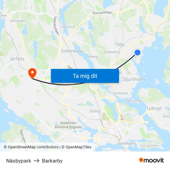 Näsbypark to Barkarby map