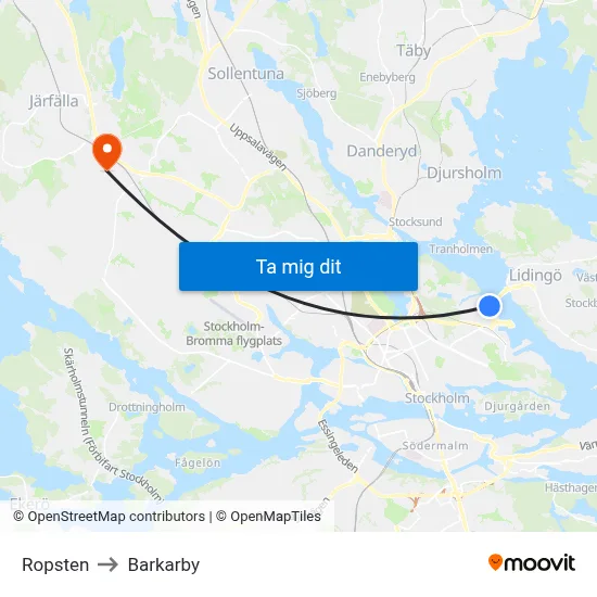 Ropsten to Barkarby map