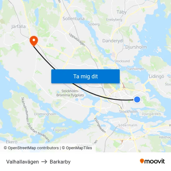 Valhallavägen to Barkarby map