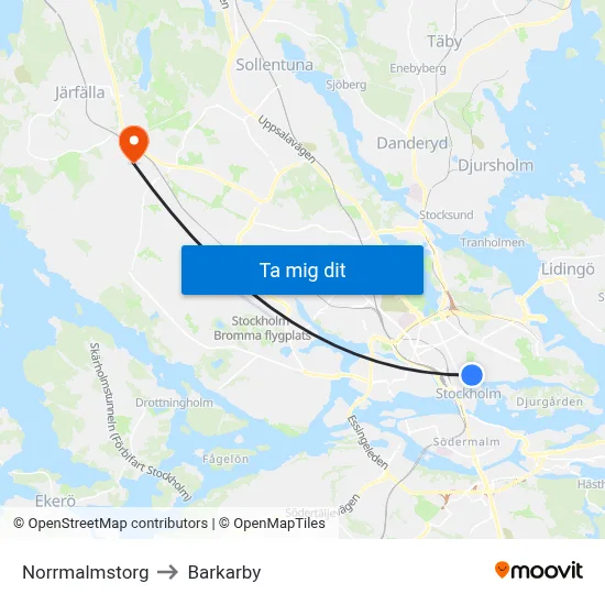 Norrmalmstorg to Barkarby map