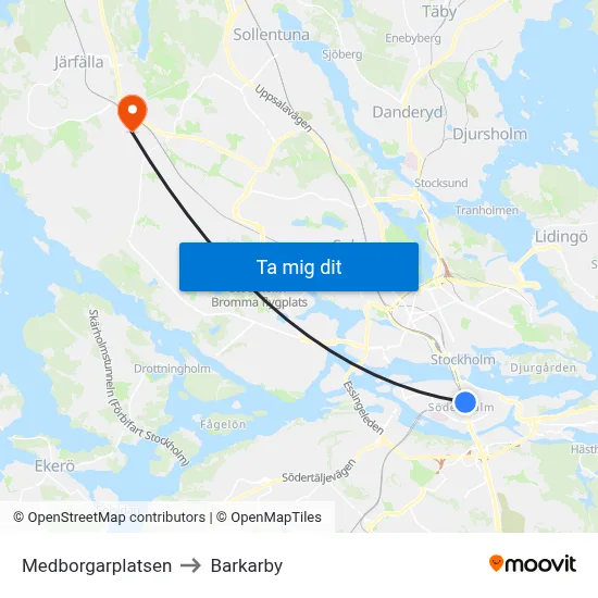 Medborgarplatsen to Barkarby map