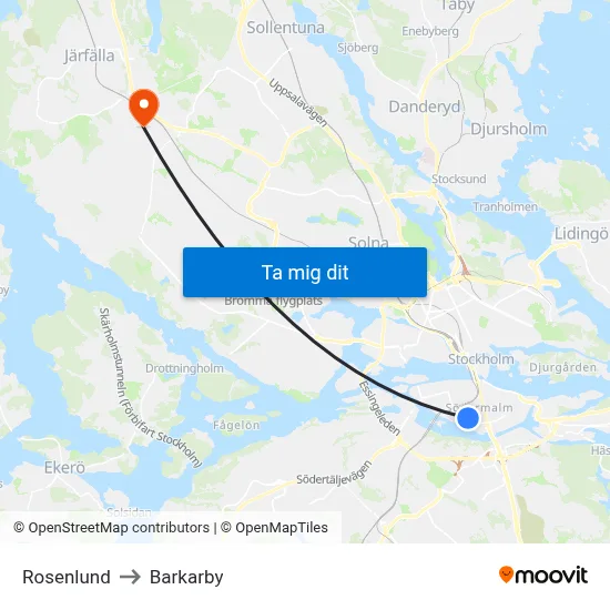 Rosenlund to Barkarby map