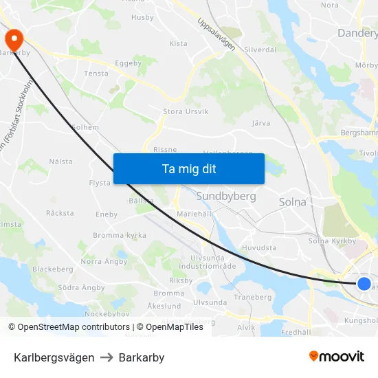 Karlbergsvägen to Barkarby map