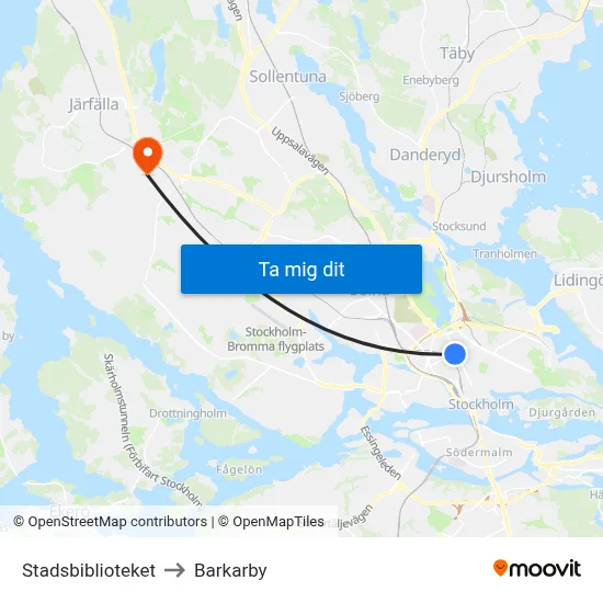 Stadsbiblioteket to Barkarby map