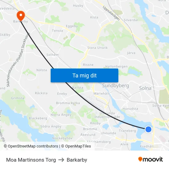 Moa Martinsons Torg to Barkarby map