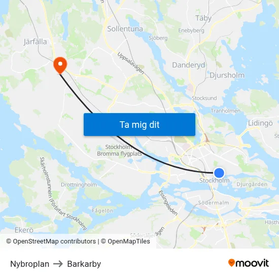 Nybroplan to Barkarby map