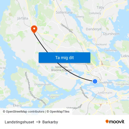 Landstingshuset to Barkarby map